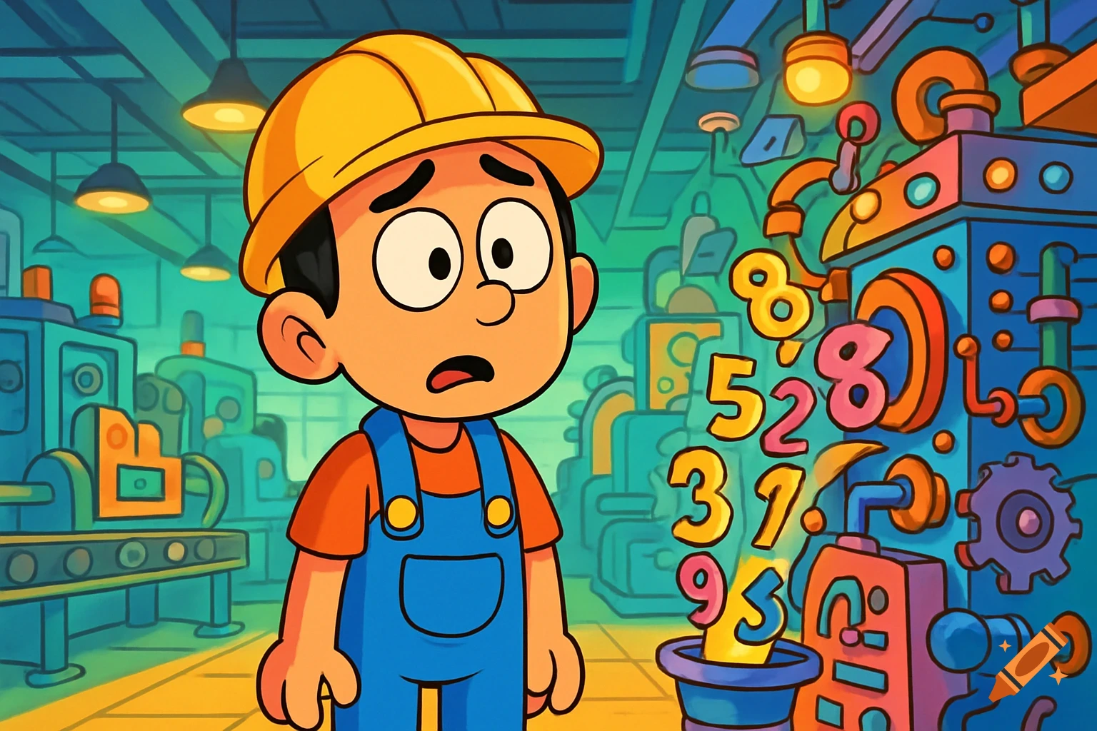 A cartoon worker looks confused at a machine emitting a random stream of numbers in a factory setting.