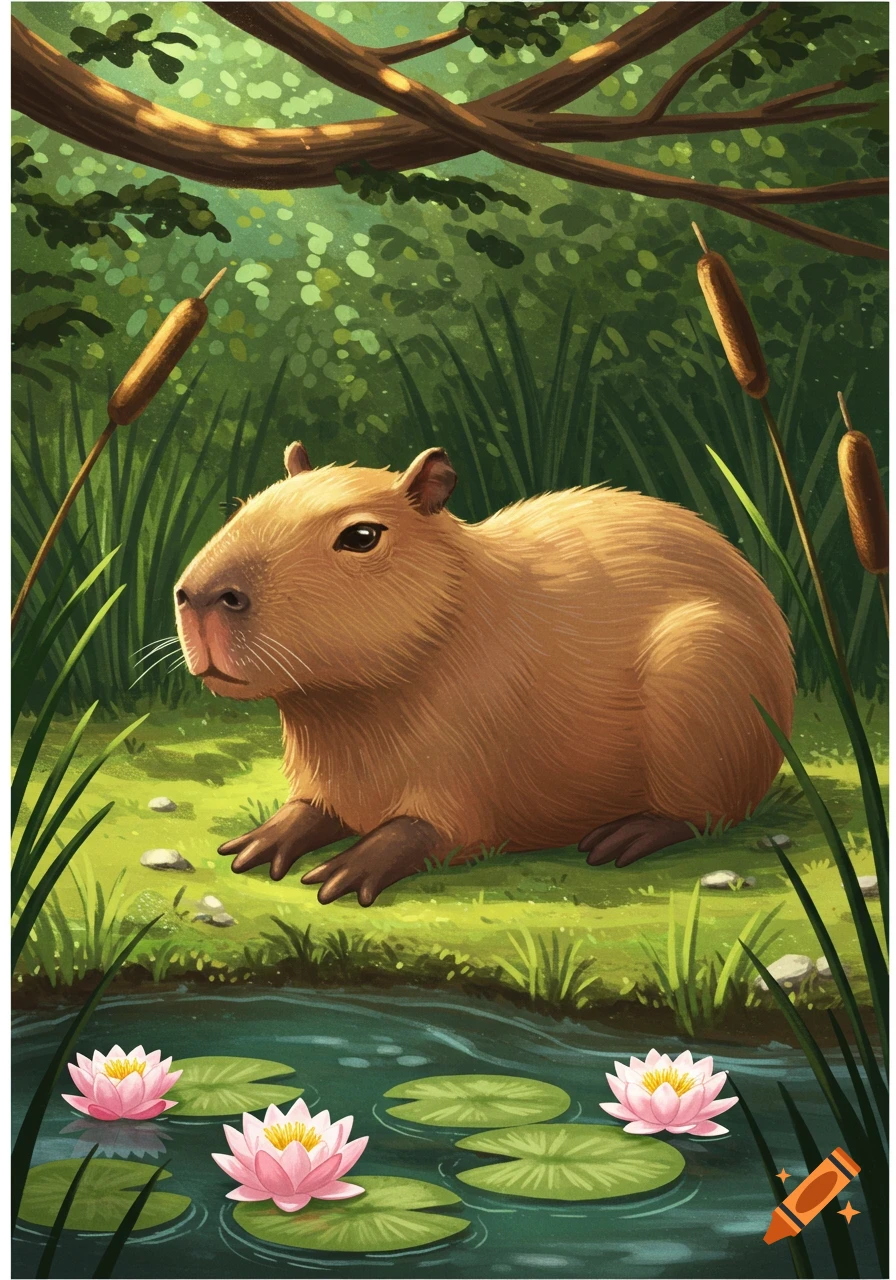 An illustrated capybara sitting by a pond with lily pads and cattails in a lush green forest.