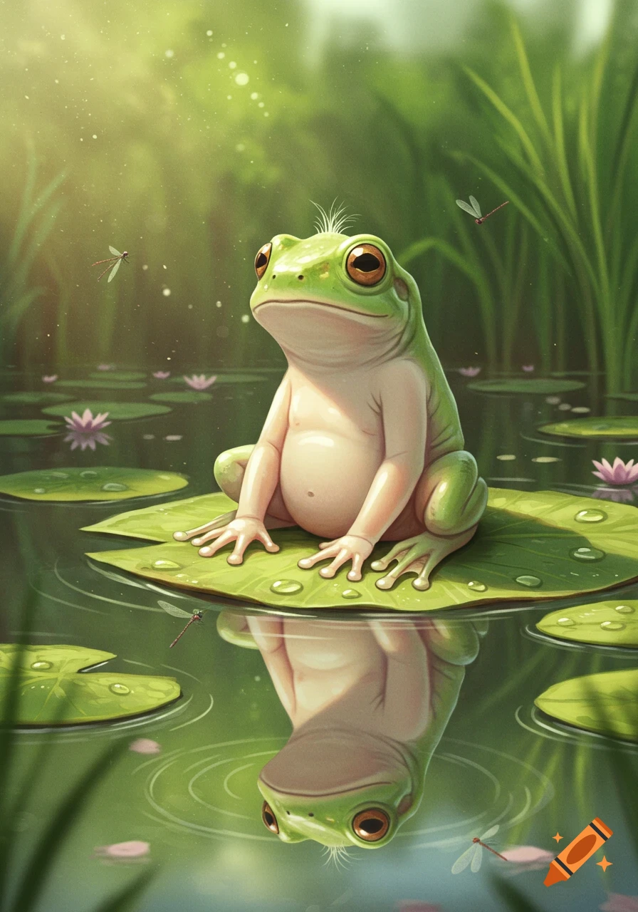 A cute, human-like green frog sits on a lily pad in a sunlit pond with dragonflies, its reflection visible in the water, in an illustrative style.