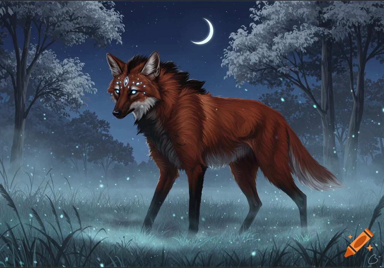 A mystical maned wolf with glowing blue eyes and five glowing white dots on its forehead stands in a moonlit, misty forest with glowing plants.