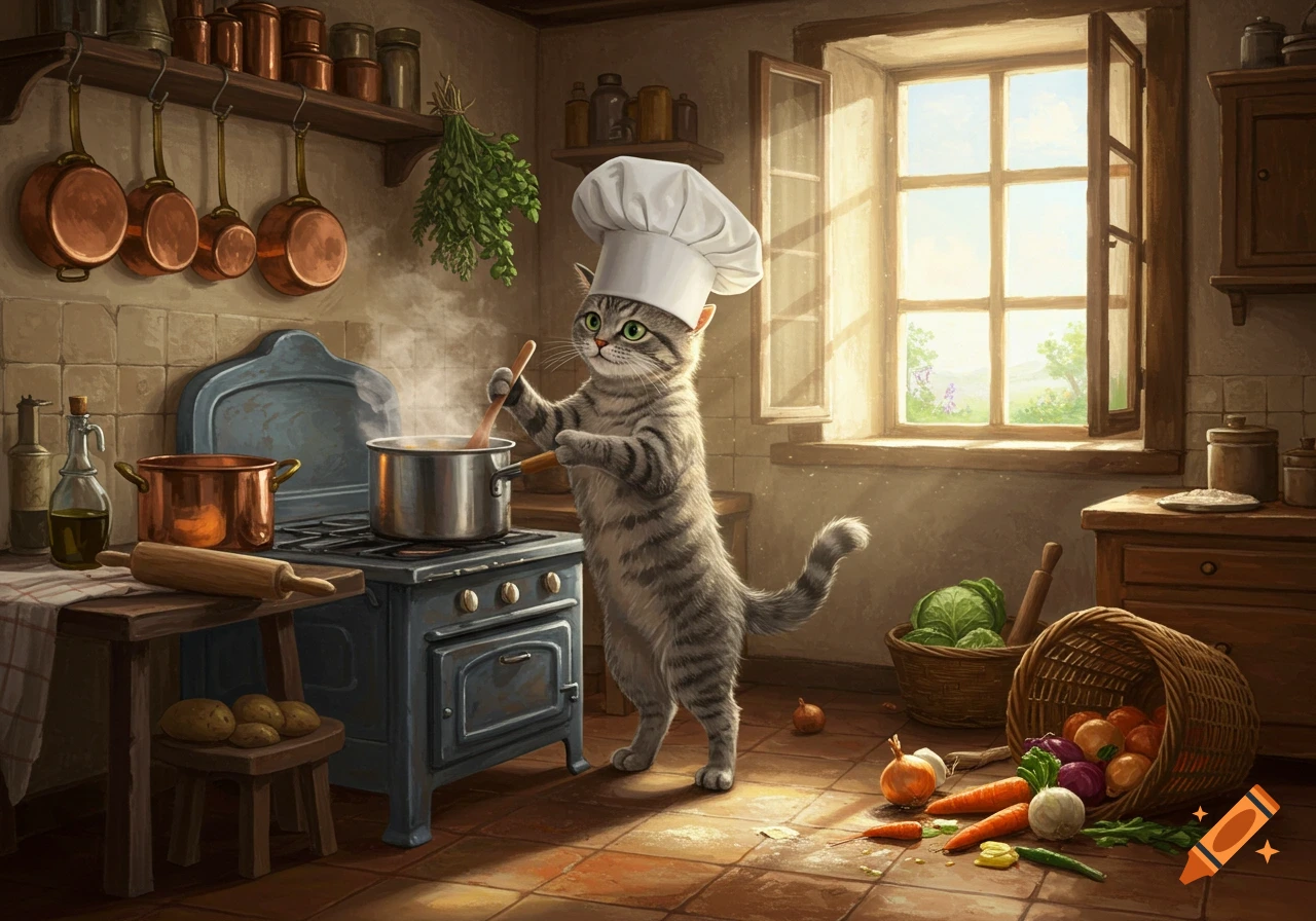 A grey tabby cat in a chef's hat stirs a pot on a stove in a rustic, sunlit kitchen with vegetables on the floor. Illustration.
