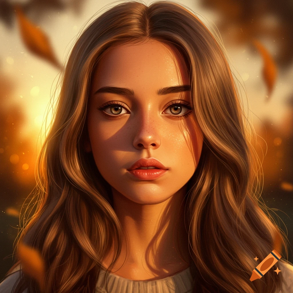 Close-up portrait of a young woman with long wavy brown hair and captivating eyes, bathed in warm, soft golden sunlight.