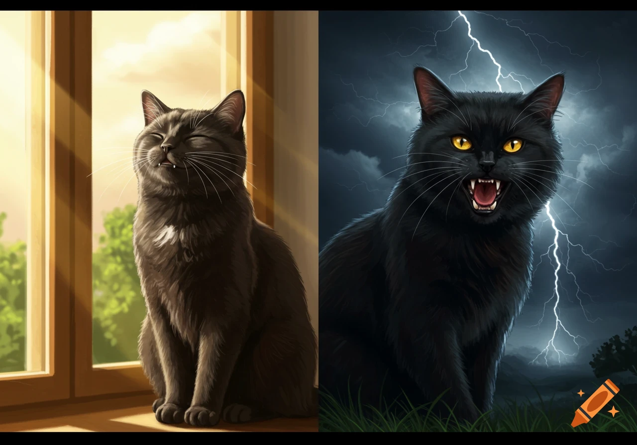 A black cat depicted in two scenes: happy in sunlight on the left, angry in a thunderstorm on the right.