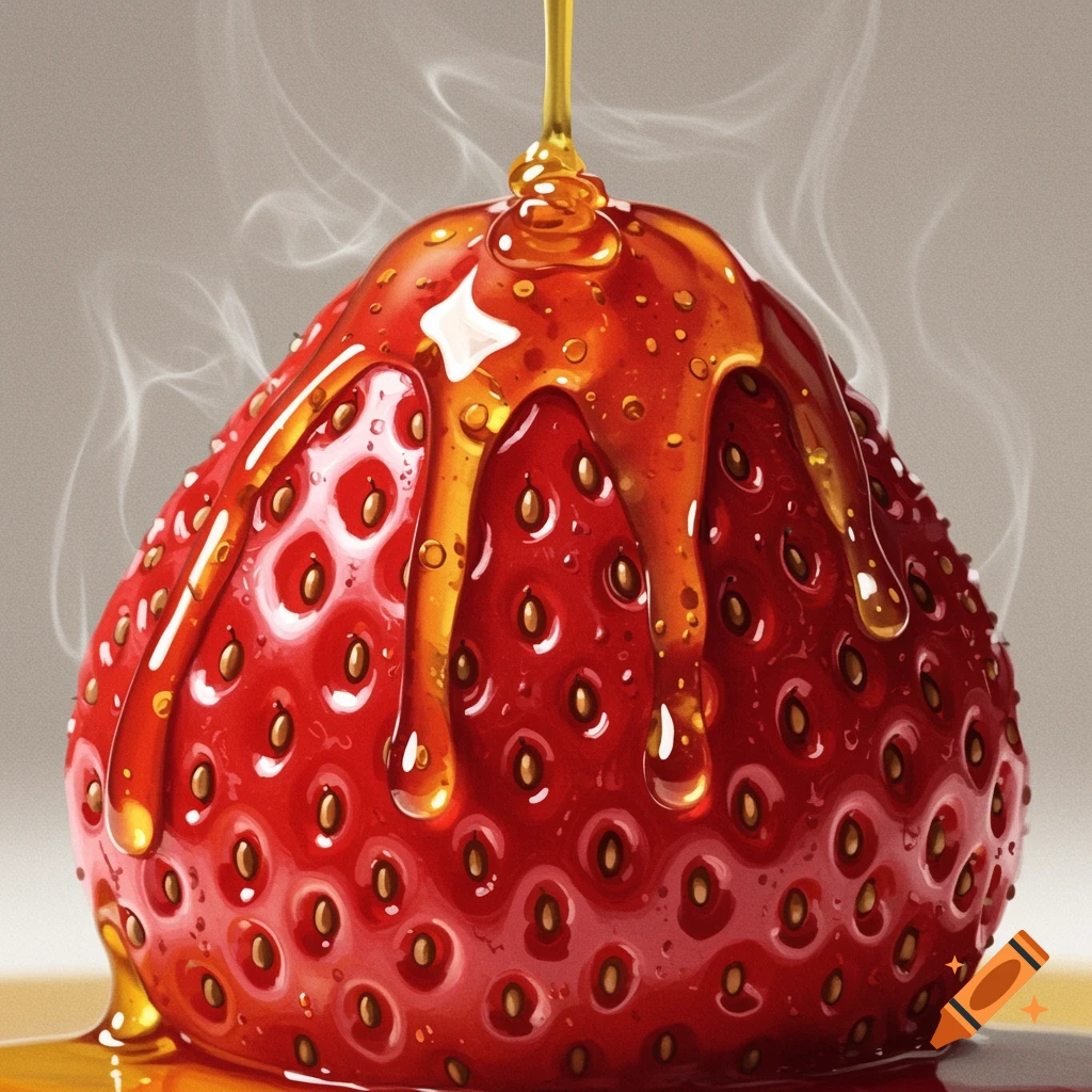 A red strawberry covered in dripping golden honey with subtle steam.