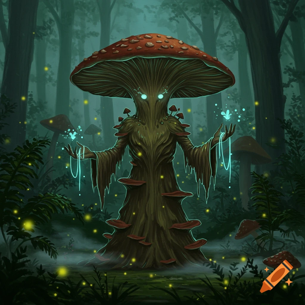 An anthropomorphic mushroom creature with glowing eyes and arms extended stands in a dark, misty forest with fireflies and other mushrooms.