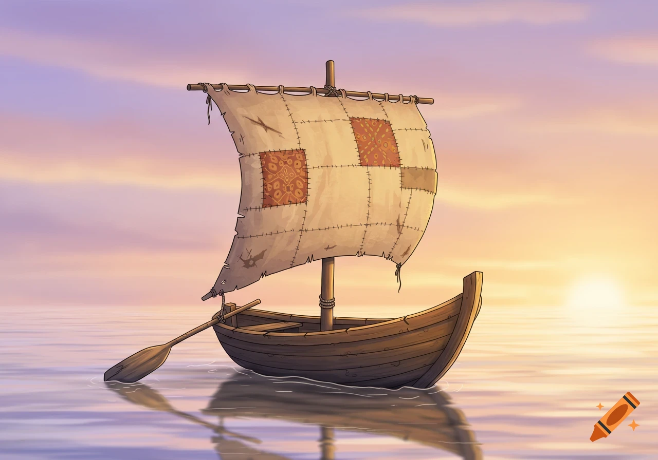 A small wooden sailboat with a tattered, patched sail and a paddle, floating on calm water at sunset in a cartoon style.