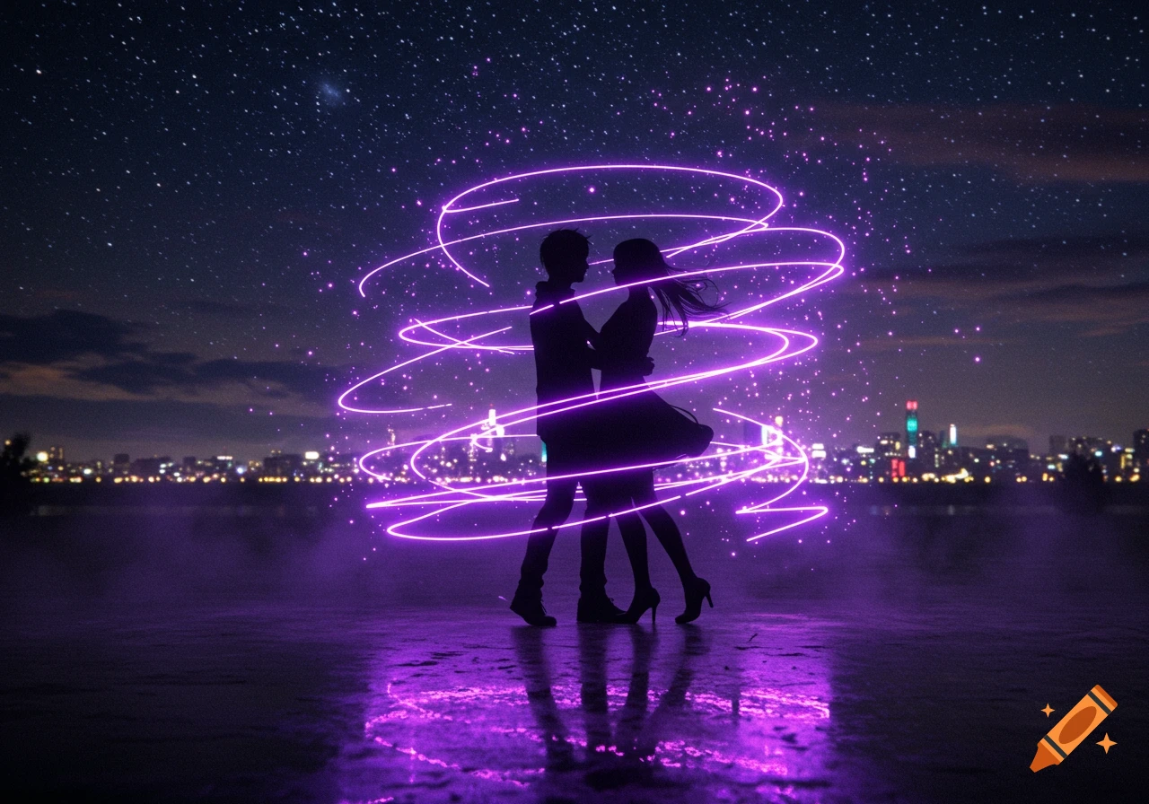 A silhouetted couple dances embraced under a starry night sky, surrounded by swirling purple light trails, with a city skyline in the background reflected on water.