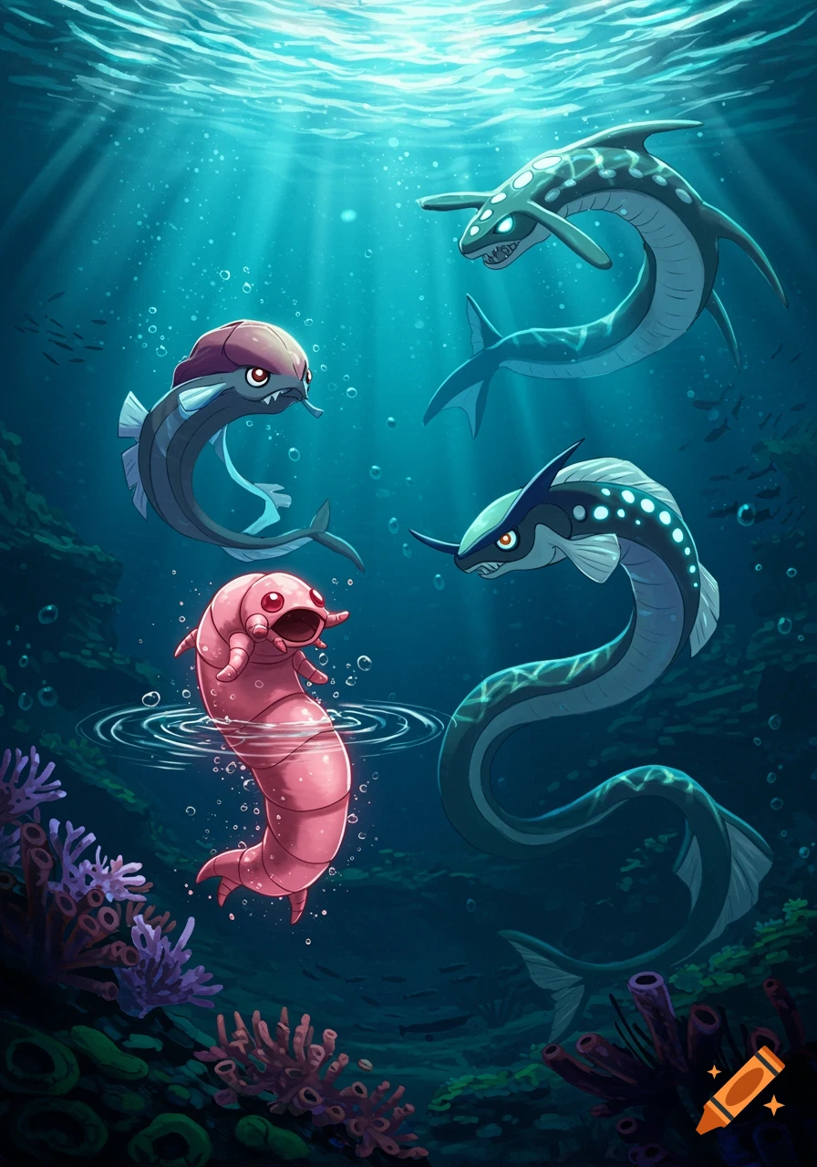 A pink worm-like creature surfaces in clear blue water with two large, stylized sea monsters swimming nearby among coral.