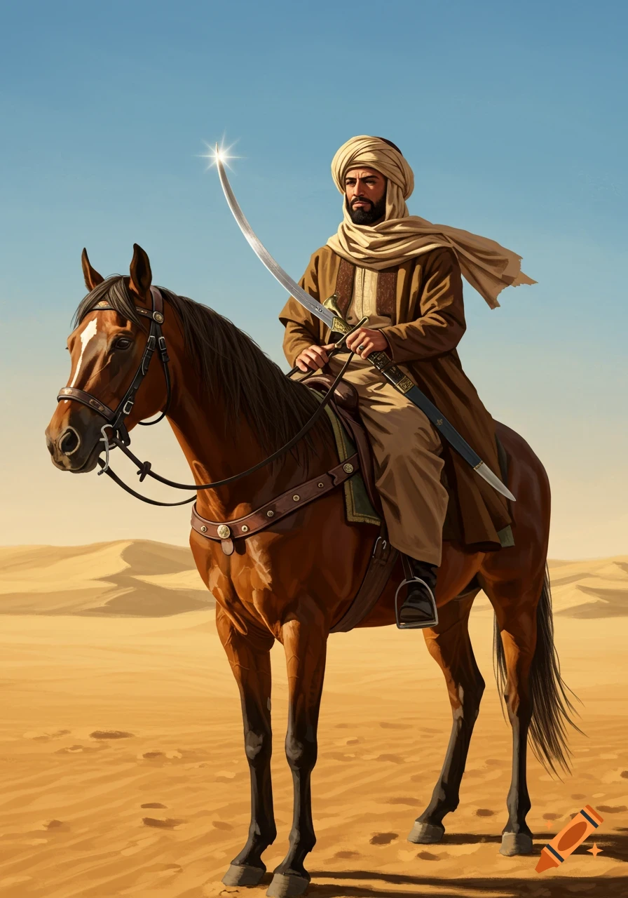 Illustrated man in a turban and robes rides a brown horse in a desert, holding a sword with a glowing tip.