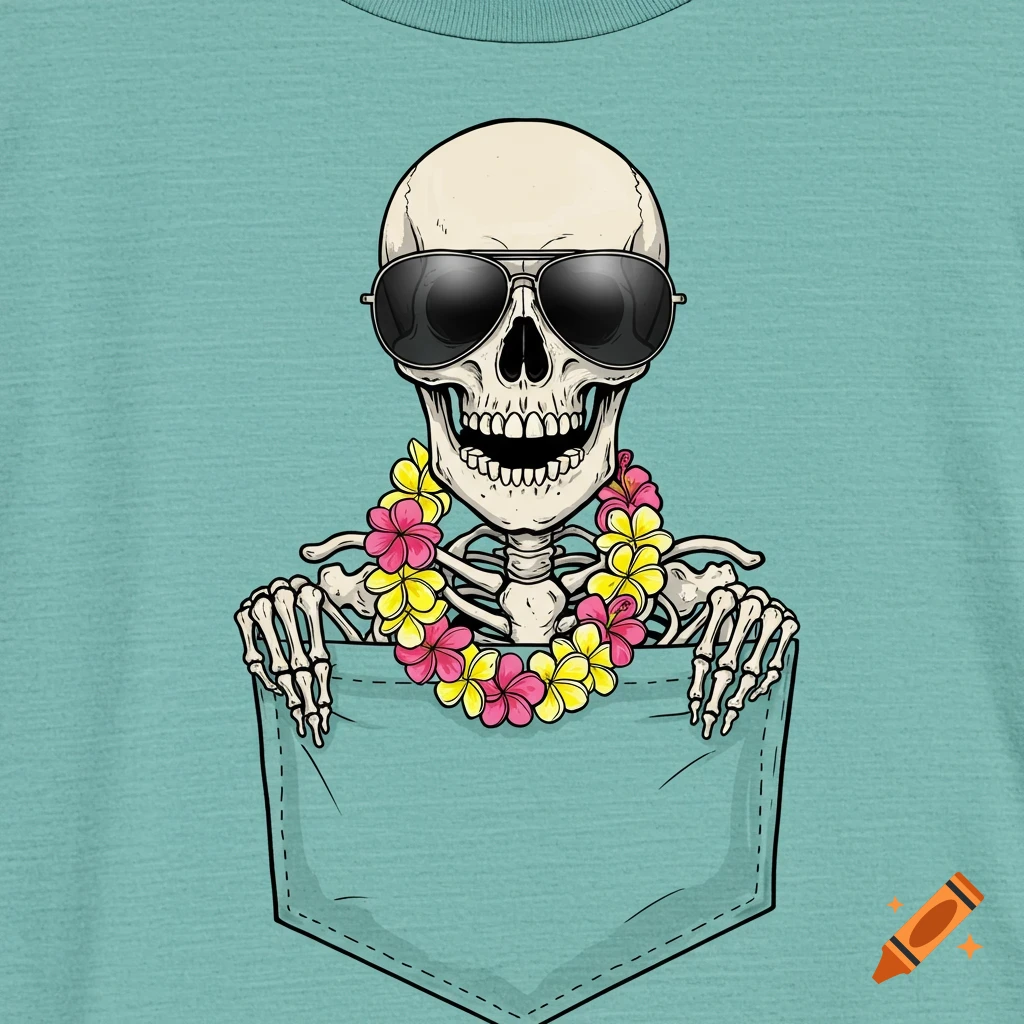 Cartoon illustration of a skeleton wearing sunglasses and a lei, peeking out of a shirt pocket.