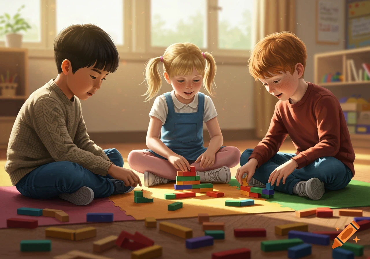 Three children, an Asian boy, a blonde girl, and a red-haired boy, sit on the floor playing with colorful blocks in a sunlit room.