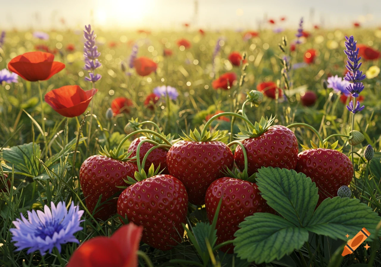 A vibrant field of red strawberries and wildflowers, including red poppies and purple lavender, bathed in sunlight.