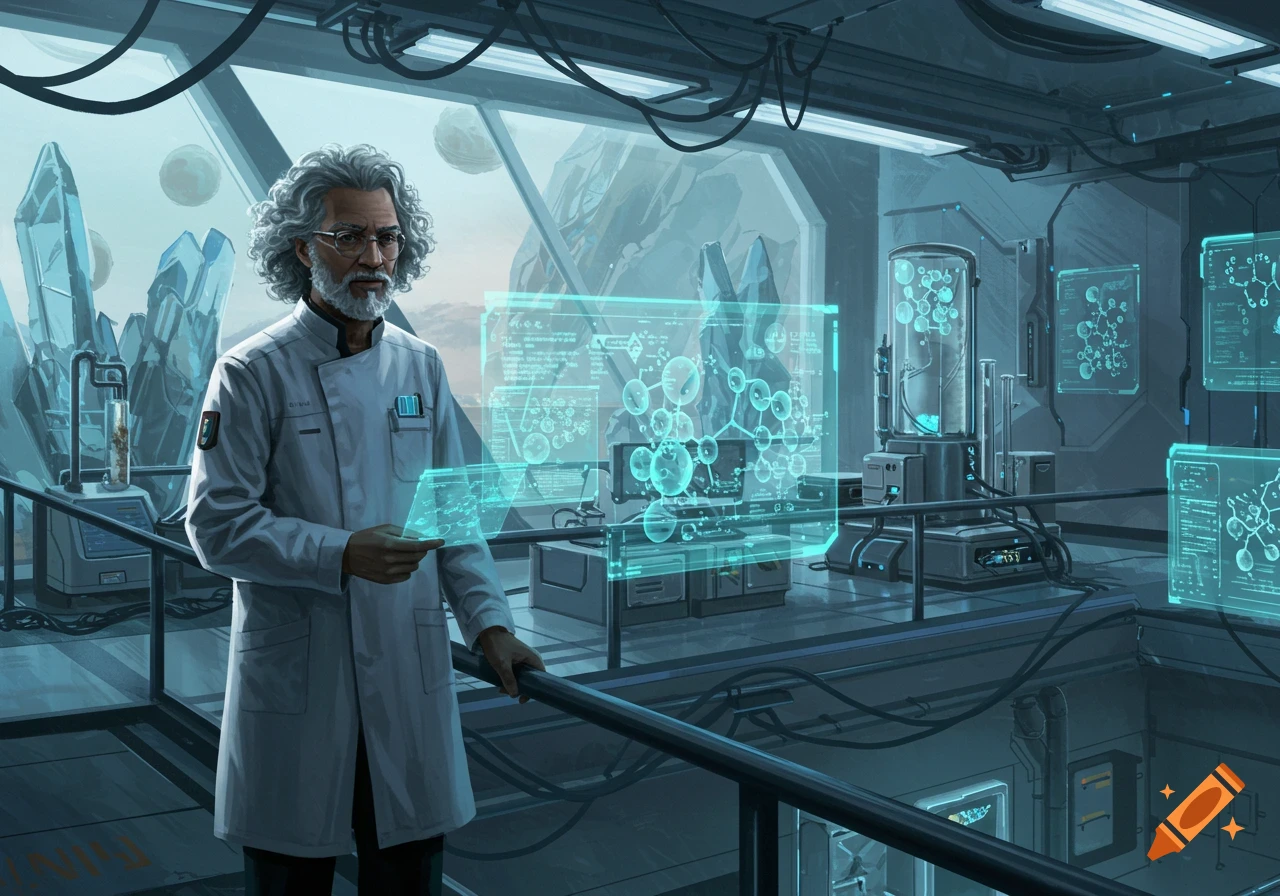 A grey-haired, bearded scientist in a lab coat stands in a futuristic laboratory, holding a holographic tablet with data.
