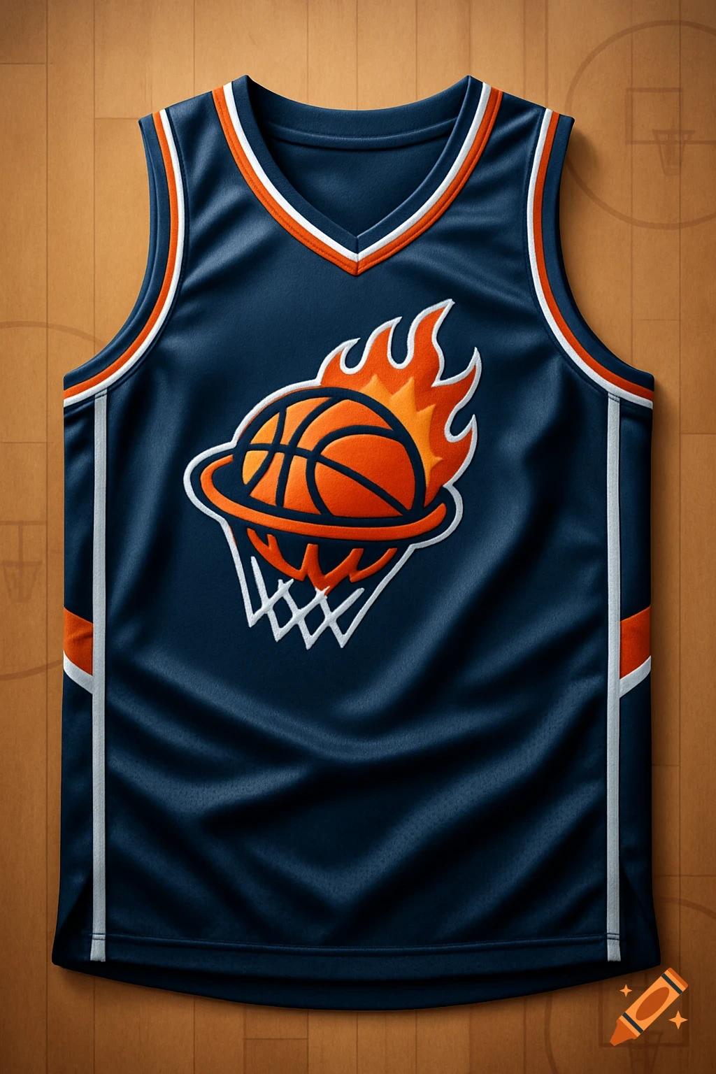 A dark blue basketball jersey featuring an orange flaming basketball above a white hoop, resting on a wooden basketball court.