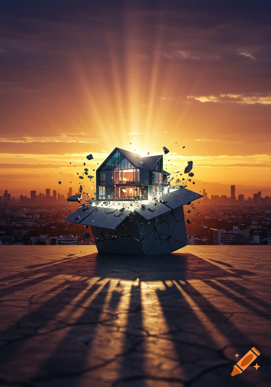 A modern glass house breaks free from a concrete box on a cracked rooftop, with a city skyline and bright sunset.