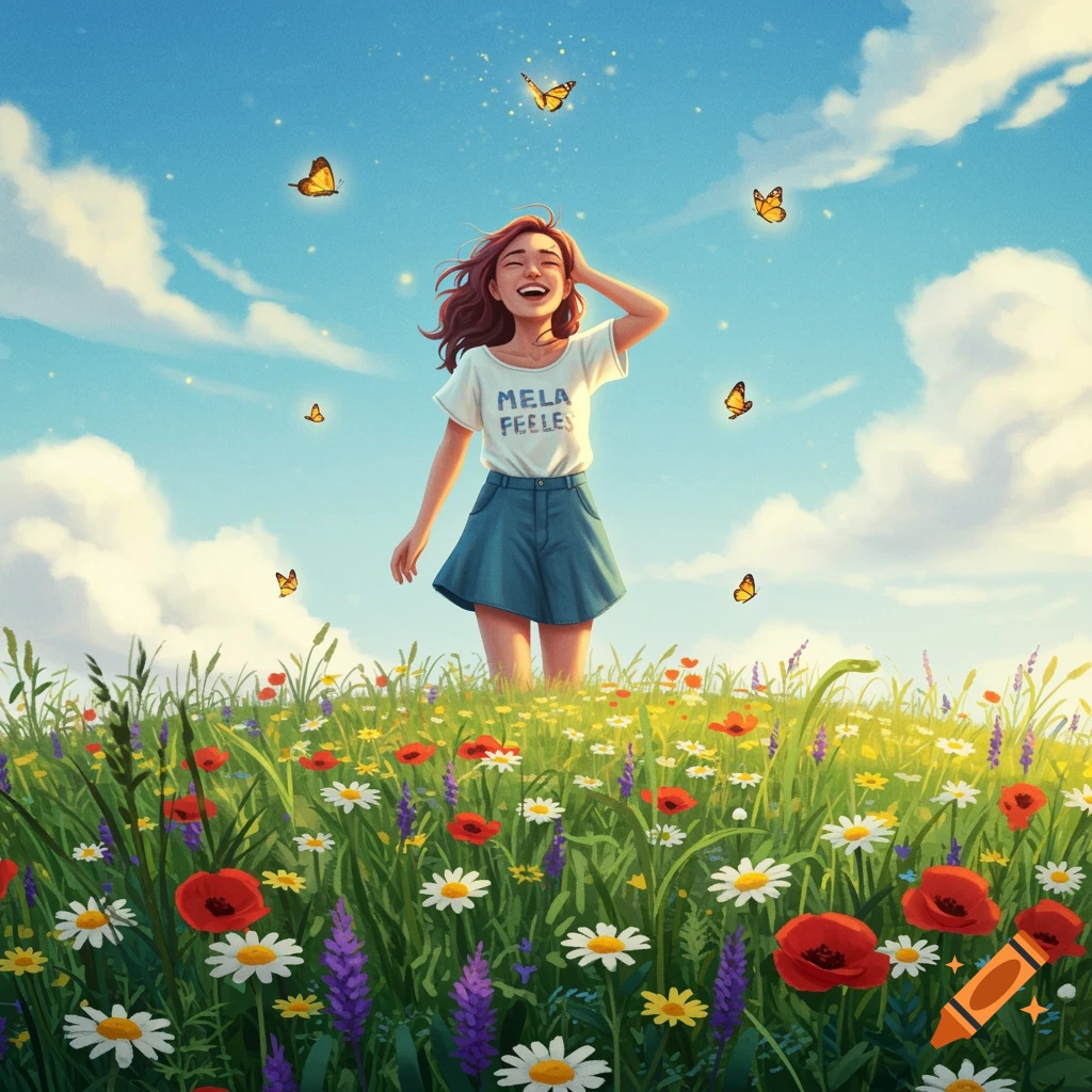 Smiling young woman standing in a vibrant flower field under a blue sky with butterflies, in an illustrated style.