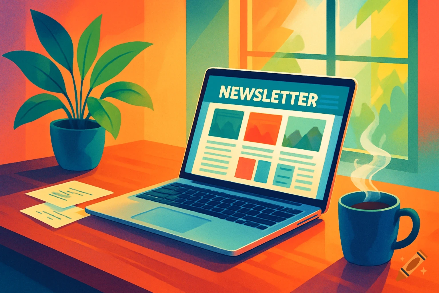 Colorful illustration of a laptop on a wooden desk displaying a newsletter, next to a potted plant and a steaming coffee mug.