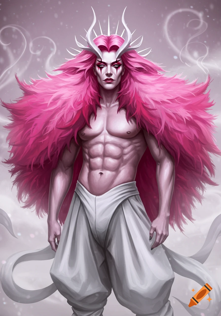A fantasy illustration of a shirtless man with long bushy pink hair, white horns, and white baggy pants, with dramatic makeup.