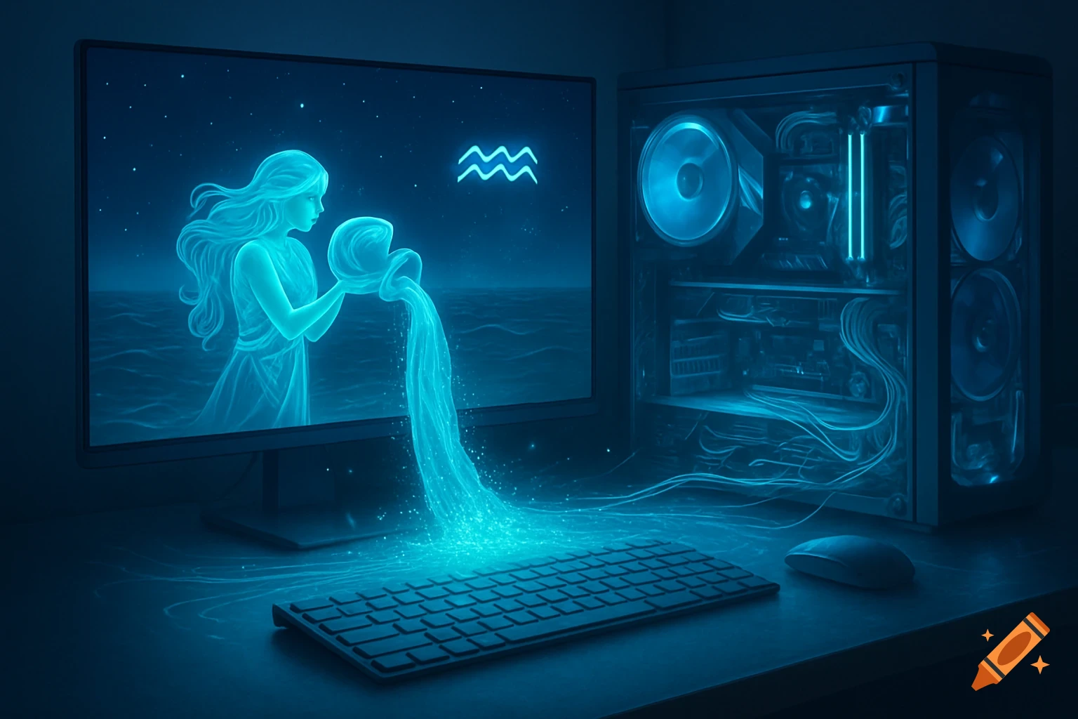A glowing blue image featuring a computer monitor displaying the Aquarius zodiac symbol and water-pouring figure, next to a desktop PC tower, keyboard, and mouse.
