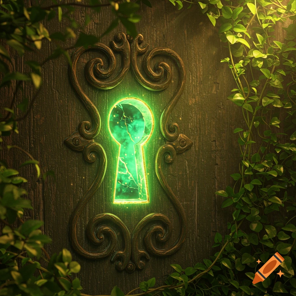 A glowing green keyhole on a dark wooden door, surrounded by lush green vines.