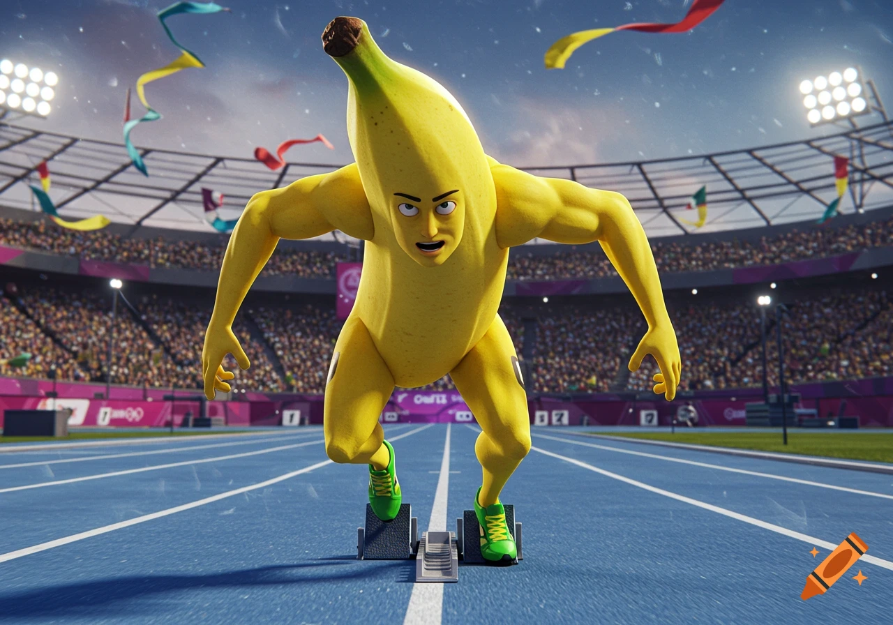 A muscular banana-human hybrid in green shoes in starting blocks on a running track inside a stadium.