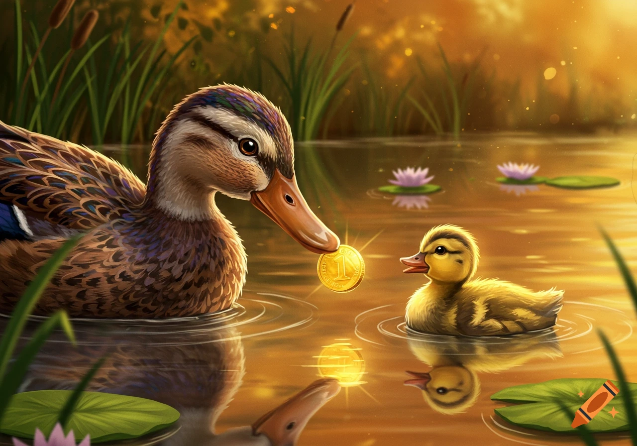 A mother duck gives a shiny gold coin to her duckling in a pond with water lilies, bathed in warm golden light.