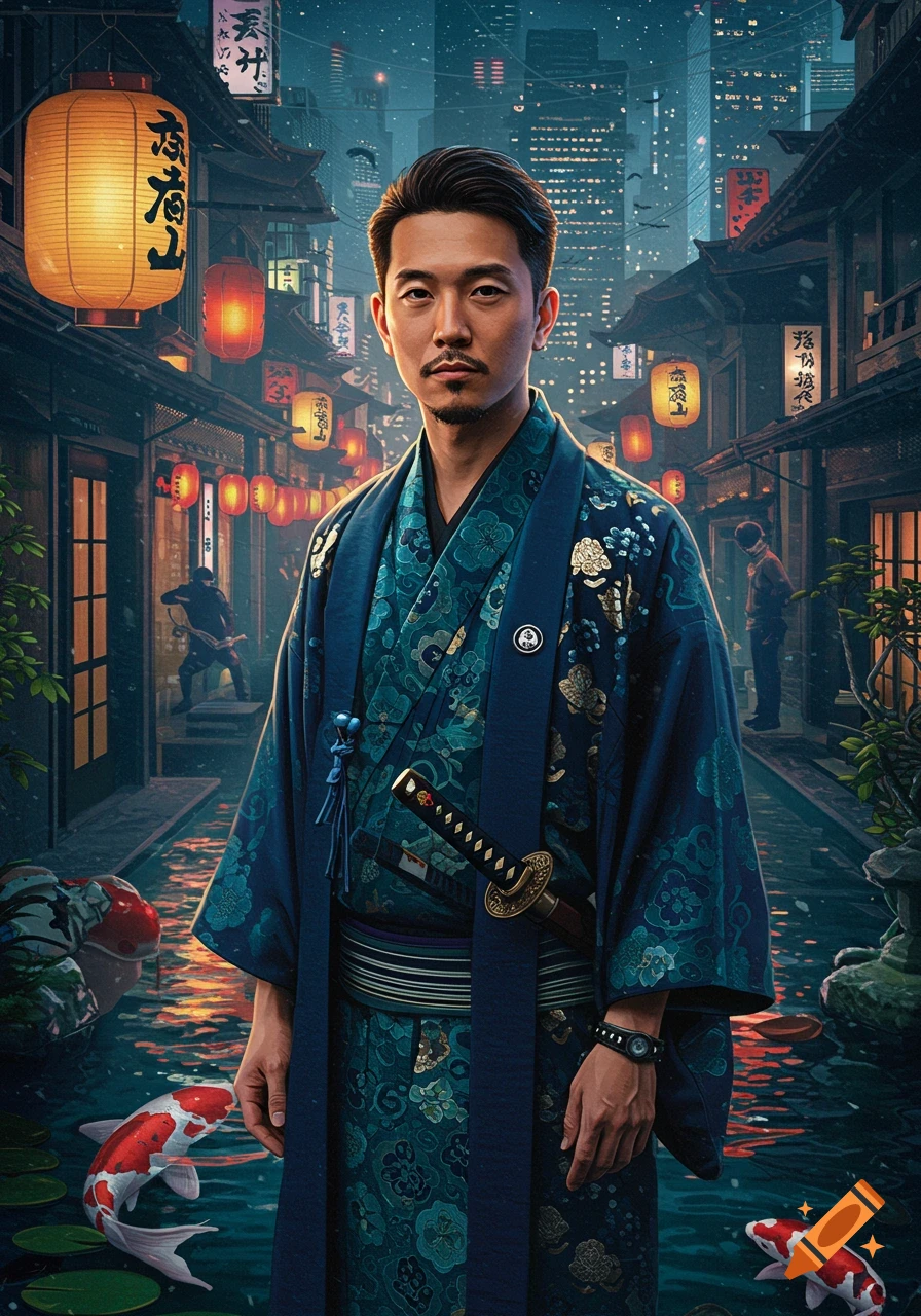 A man in a detailed blue and gold kimono stands in a nighttime Japanese street with lanterns, traditional buildings, and koi fish in a canal. City skyscrapers are in the background.
