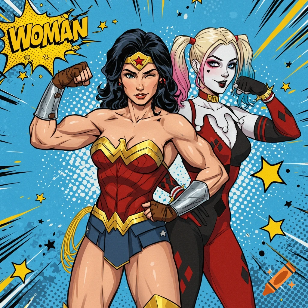 Comic book art of Wonder Woman and Harley Quinn flexing muscles against a blue pop art background with stars and a speech bubble with the word WOMAN.