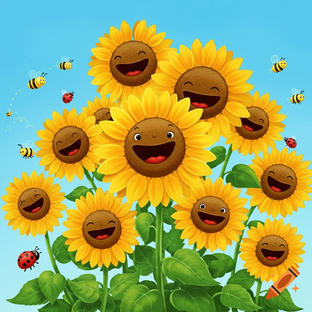 Bright cartoon illustration of happy, smiling sunflowers with bees and ladybugs buzzing around in a sunny blue sky.