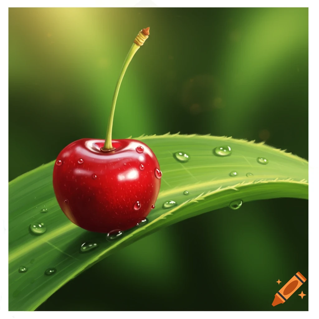 A vibrant red cherry with a stem, covered in water droplets, rests on a green leaf with a blurred green background.