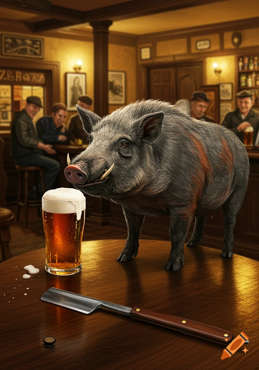 A large, grey wild boar stands on a wooden table next to a pint of beer in a dimly lit pub, with a straight razor in the foreground and blurred people in the background. Photorealistic style.