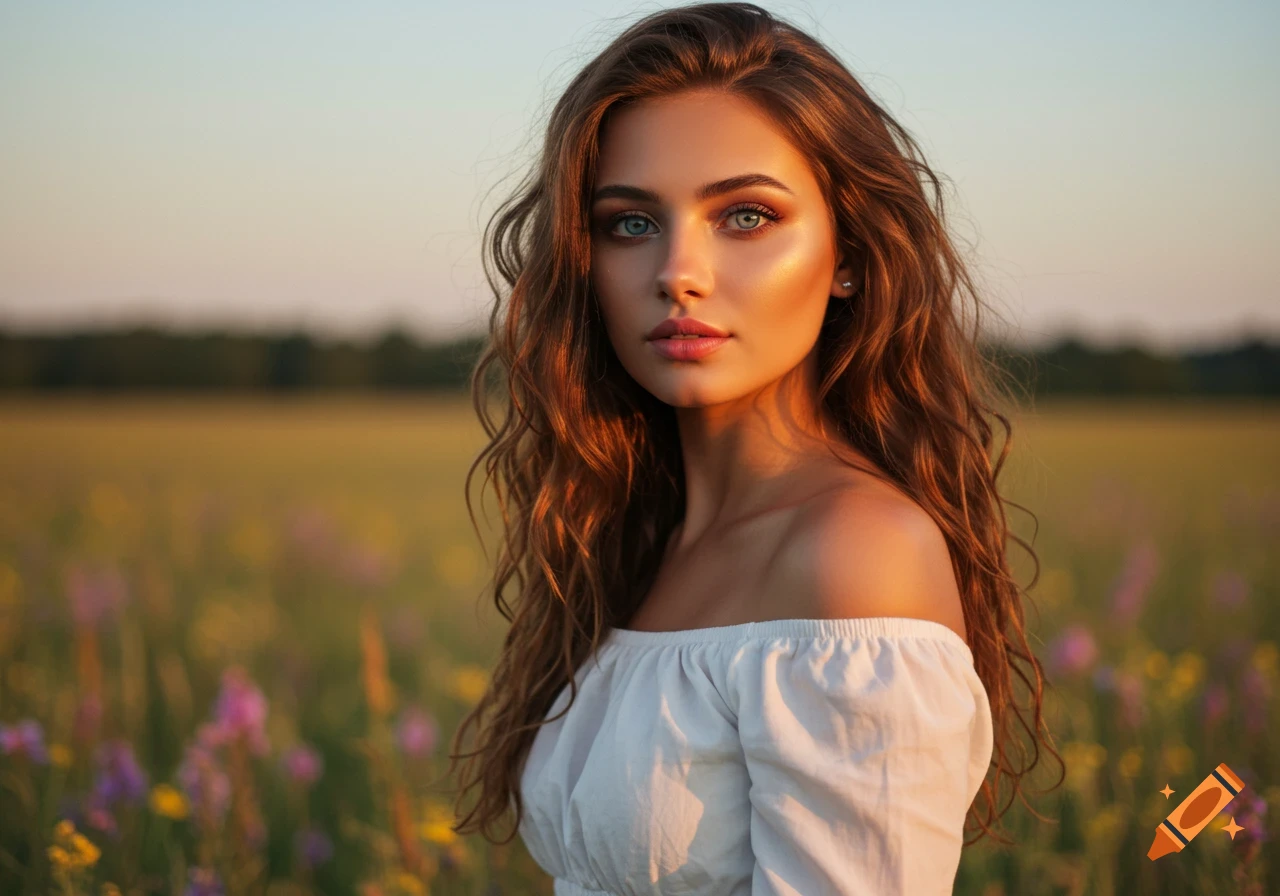 Photorealistic portrait of a young woman with long wavy brown hair and blue eyes, in an off-shoulder top, standing in a field with wildflowers at sunset.