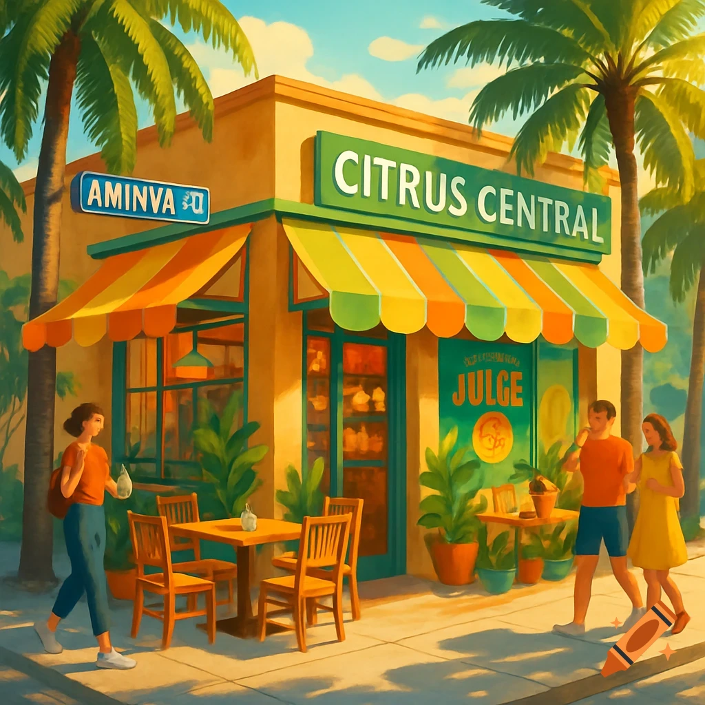 A colorful, vibrant illustration of a juice bar named Citrus Central on a sunny street with palm trees. People walk past and sit at an outdoor table.