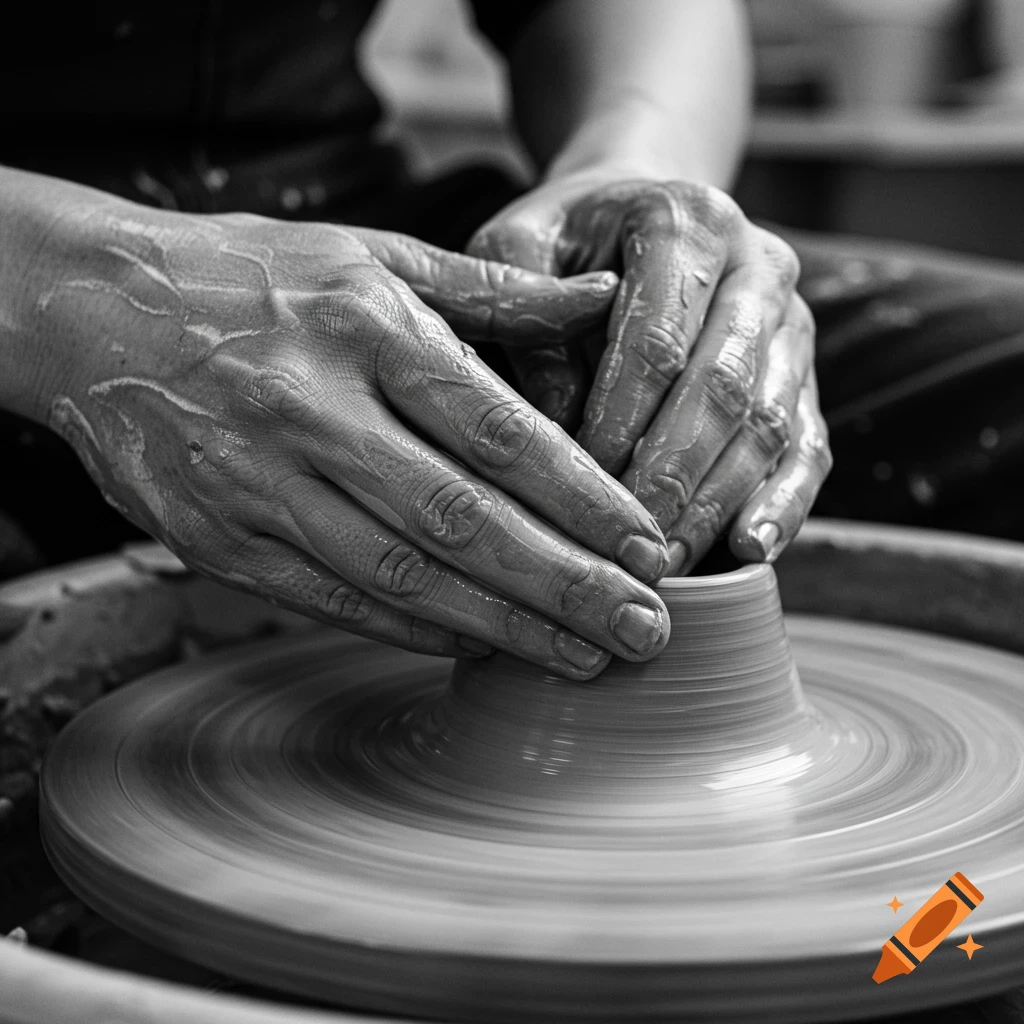 Close-up, black and white photo of hands shaping wet clay on a pottery wheel.