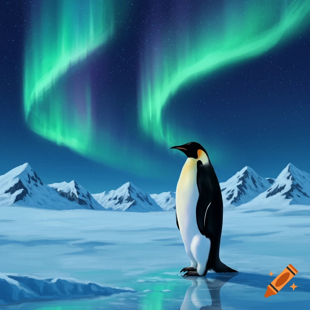 A lone emperor penguin stands on a frozen plain, surrounded by snowy mountains under a vibrant green and purple aurora borealis sky.