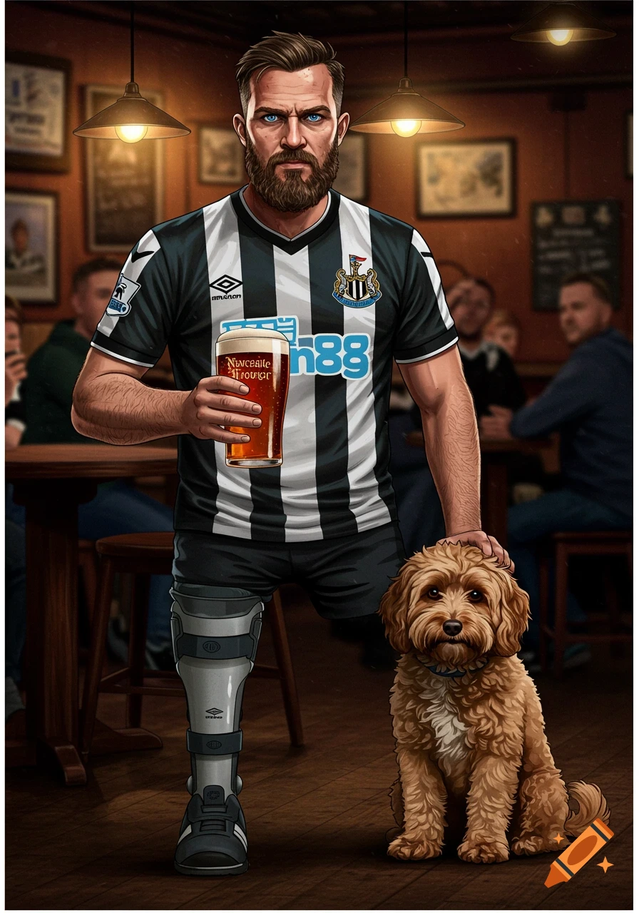 An illustration of a stern bearded man in a Newcastle FC shirt, with a leg brace, holding a beer in a pub, with a cockapoo dog beside him.