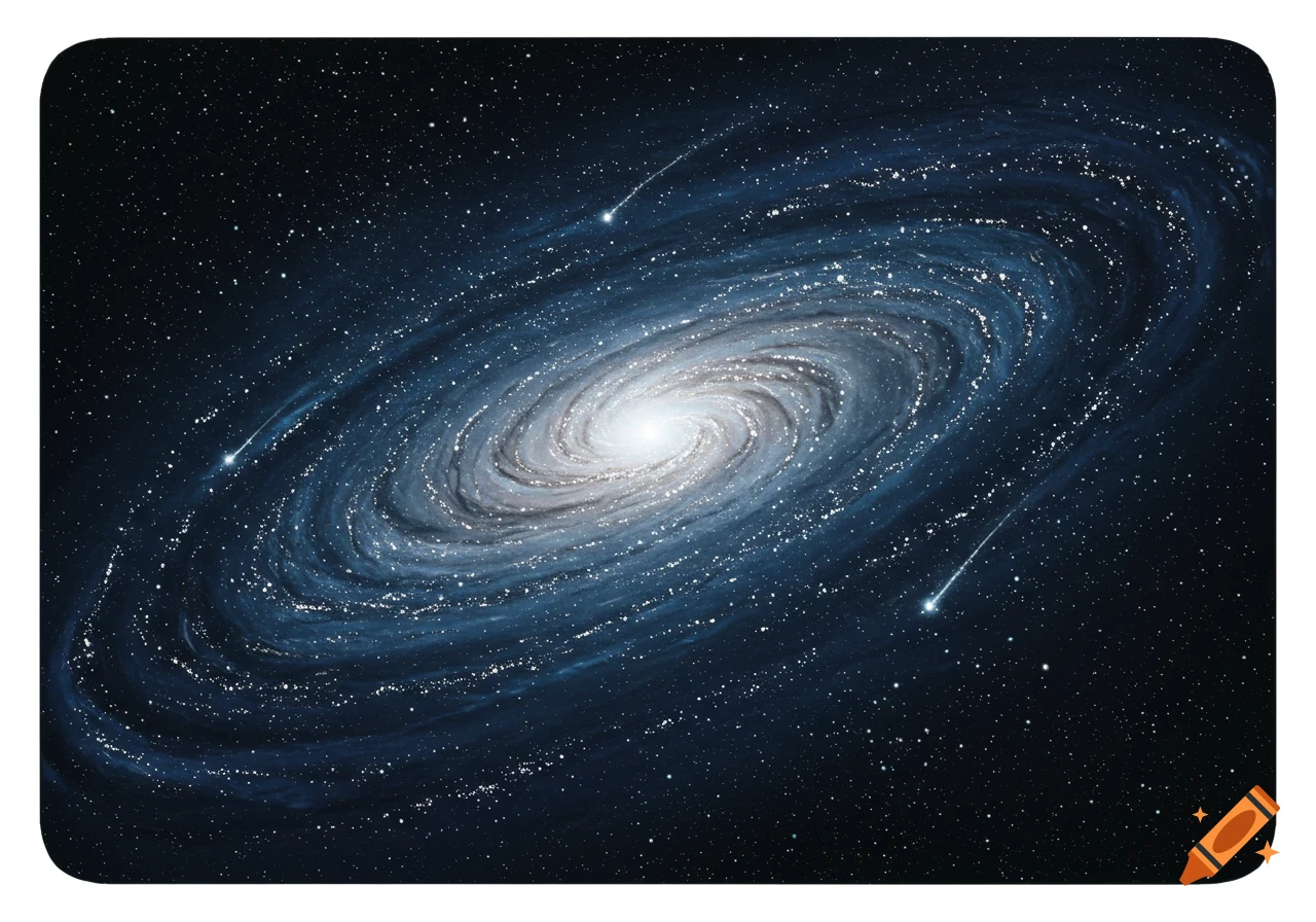A spiral galaxy with bright stars and faint nebulae, set against a dark starry background.
