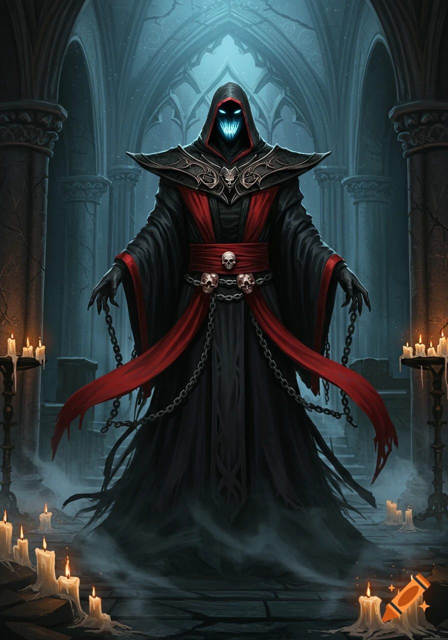 A tall, dark fantasy villain cloaked in black and red robes with a glowing blue mouth, standing in a candlelit ruined chapel amidst fog.