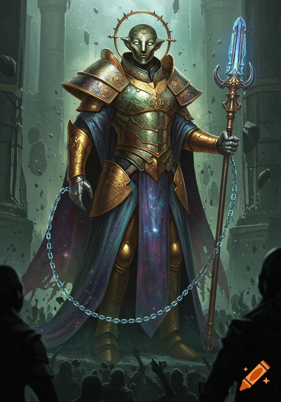 A tall, armored humanoid figure with a cosmic cloak and glowing spear stands over a crowd in ruins, cinematic fantasy style.