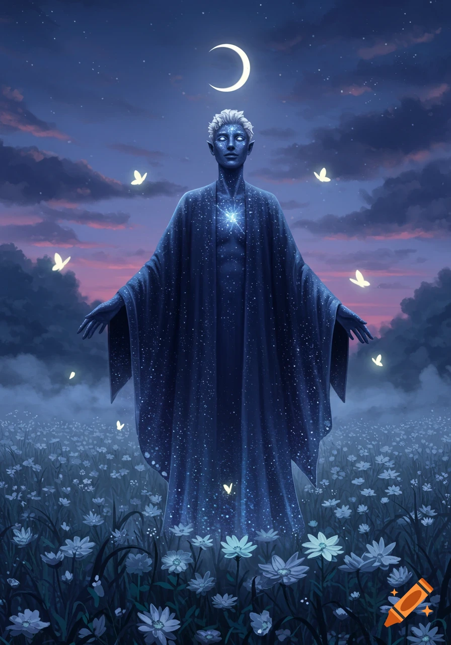 A cosmic figure in a starry robe stands in a field of white flowers under a crescent moon, with glowing butterflies.