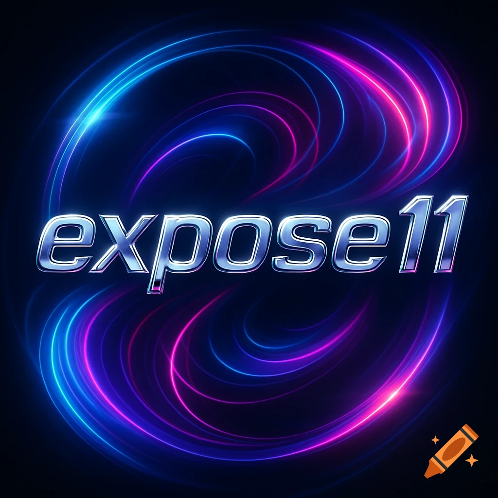 A shiny, metallic "expose11" text surrounded by swirling blue and pink neon light trails on a dark background.