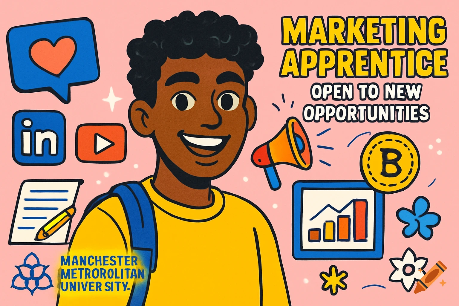Cartoon illustration of a smiling person with marketing and social media icons, text reads "Marketing Apprentice, Open to New Opportunities."