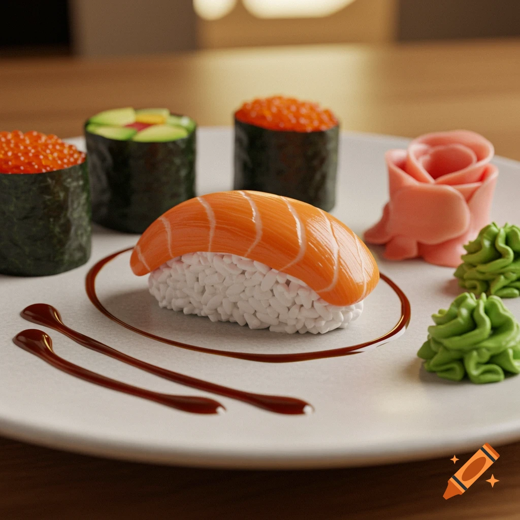 A plate of stylized sushi featuring salmon nigiri, cucumber rolls, and gunkan maki, accompanied by pink ginger, green wasabi, and soy sauce.