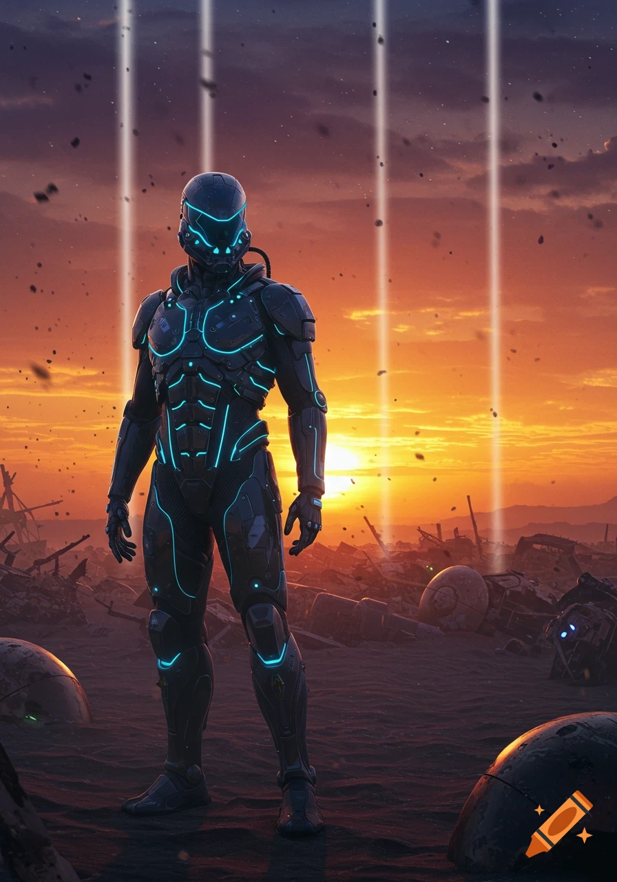 A figure in a black futuristic suit with glowing blue lines stands in a desolate, debris-strewn landscape under a sunset sky with light beams.