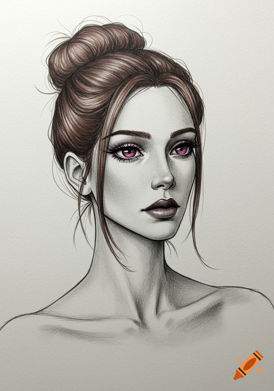 Close-up sketch of a woman with a brown hair bun and striking dark magenta eyes, bare shoulders.