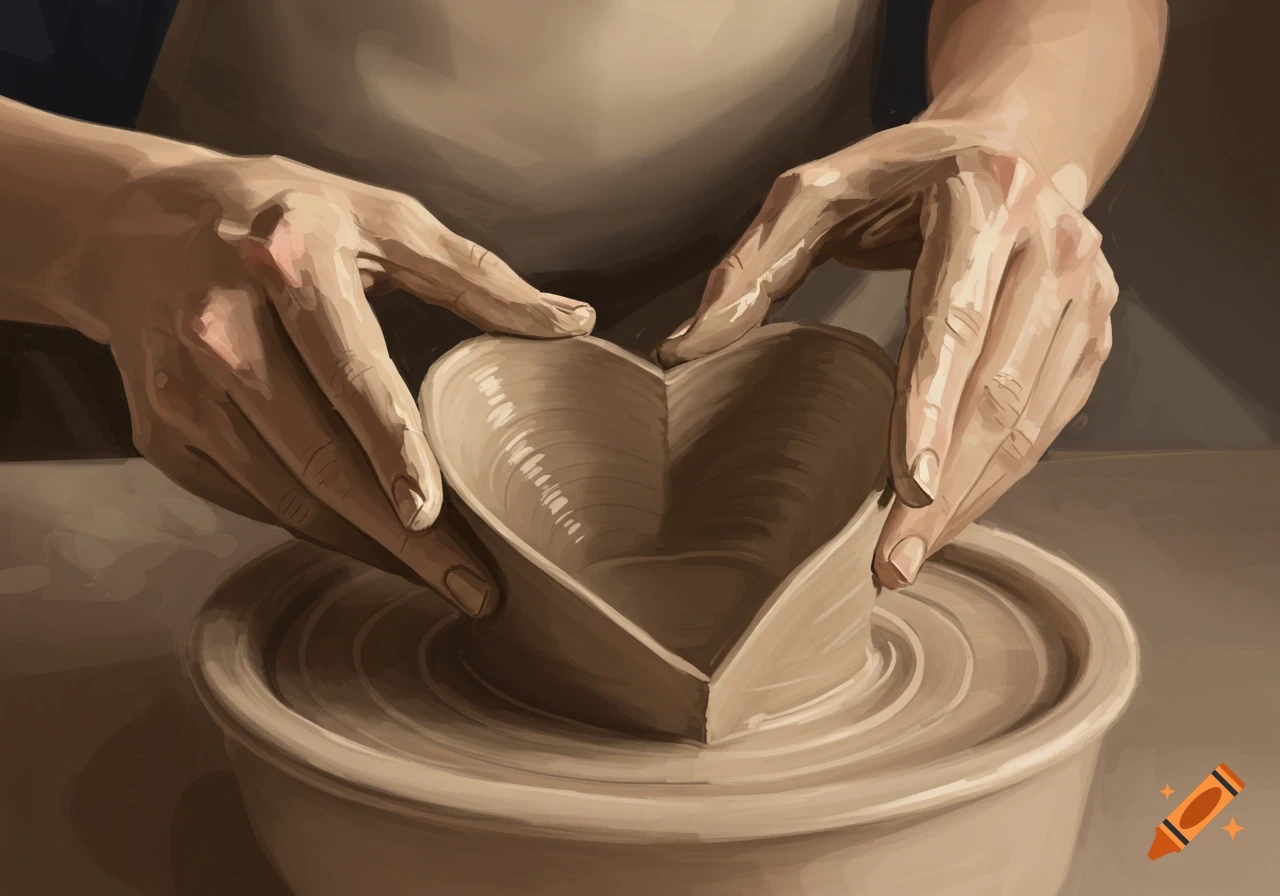 Close-up painting of hands shaping a heart-shaped clay bowl on a potter's wheel.