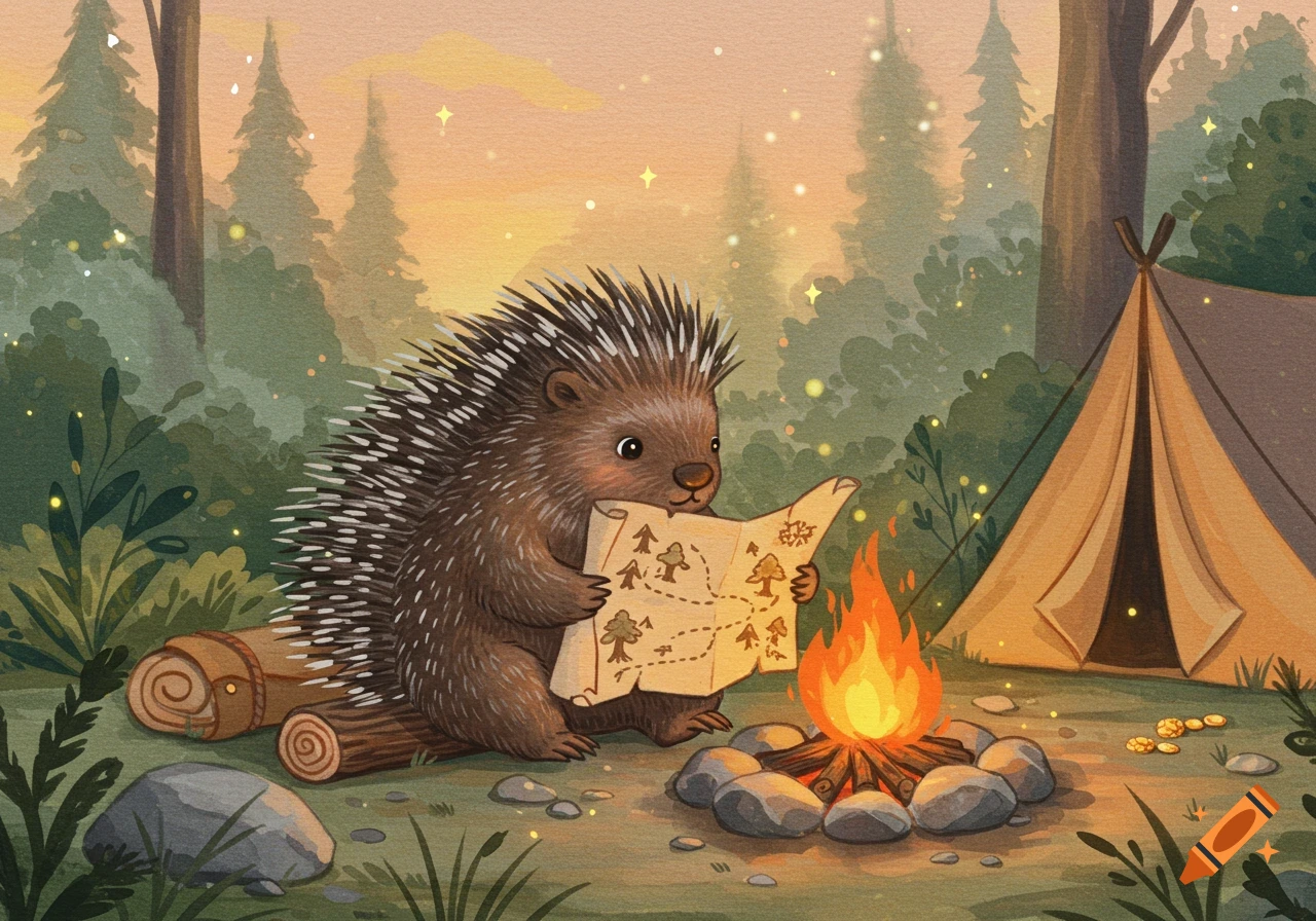Watercolor illustration of a cute porcupine reading a treasure map by a campfire at a forest campsite with a tent.
