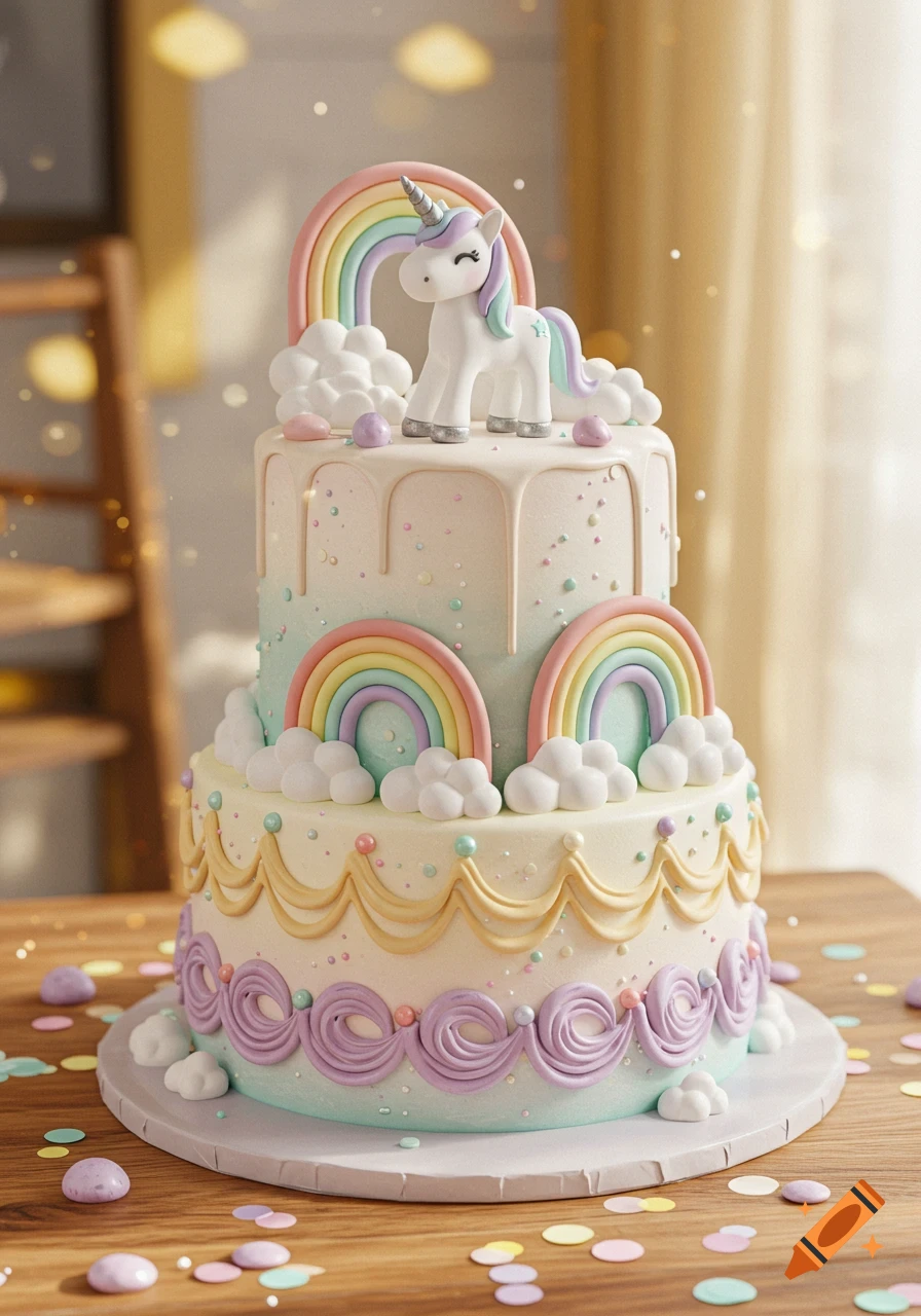 A three-tiered pastel unicorn cake with rainbows, clouds, sprinkles, and icing drips on a wooden table.