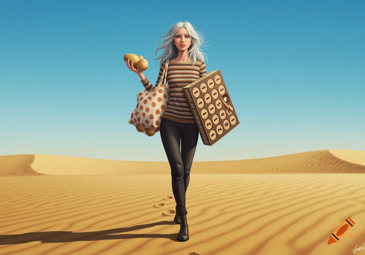A woman with long gray hair, wearing a striped top and black pants, walks across a desert carrying a polka-dot bag of potatoes and a large brown box with numbers.