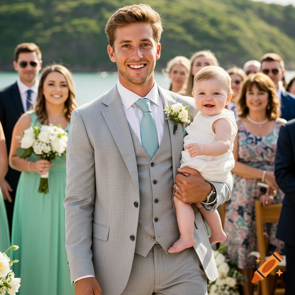 A man in a light grey suit holds a smiling baby at an outdoor wedding, with guests and the sea in the background.